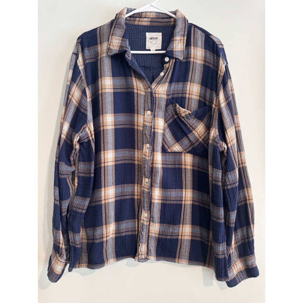 Aerie Plaid Double Gauze Button Down Shirt Women Large Navy Tan Textured Cotton